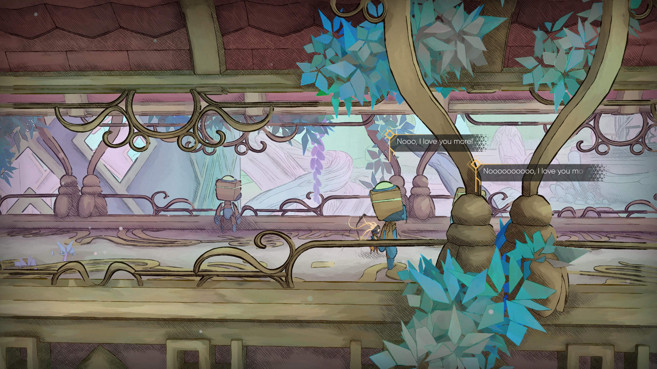 Screenshot from MIO: Memories In Orbit. Two small robot characters in conversation on a bridge. One says "Nooo, I love you more!" while the other says "Noooooooooo, I love you more!".