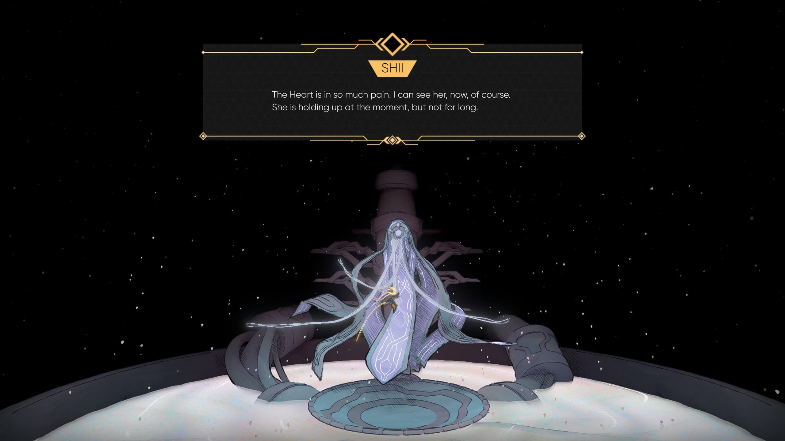 Screenshot from MIO: Memories In Orbit. Mio is in conversation with a character called Shii. Shii says, "The Heart is in so much pain. I can see her, now, of course. She is holding up at the moment, but not for long."