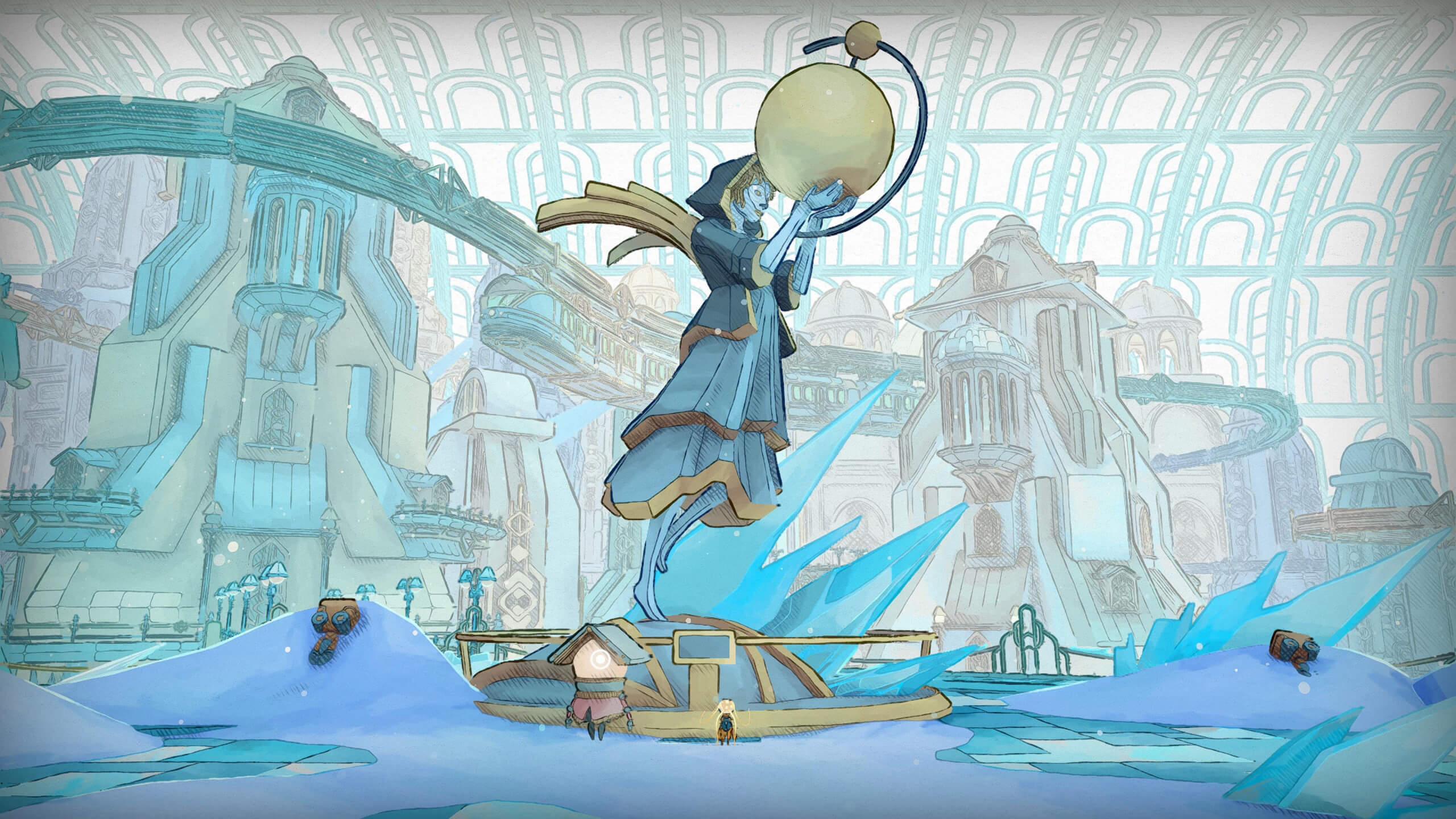 Screenshot from MIO: Memories In Orbit. Mio stands in front of a huge sculpture and a humanoid figure holding a sphere aloft.
