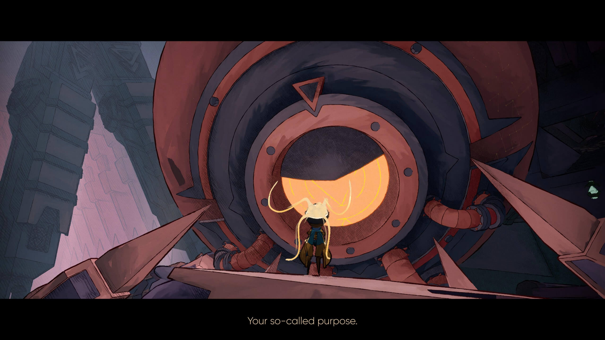 Screenshot from MIO: Memories In Orbit. Mio is held by a much bigger character with claw-like hands which are several times larger than her. With Mio held close up to their singular eye, the big character says "Your so-called purpose".