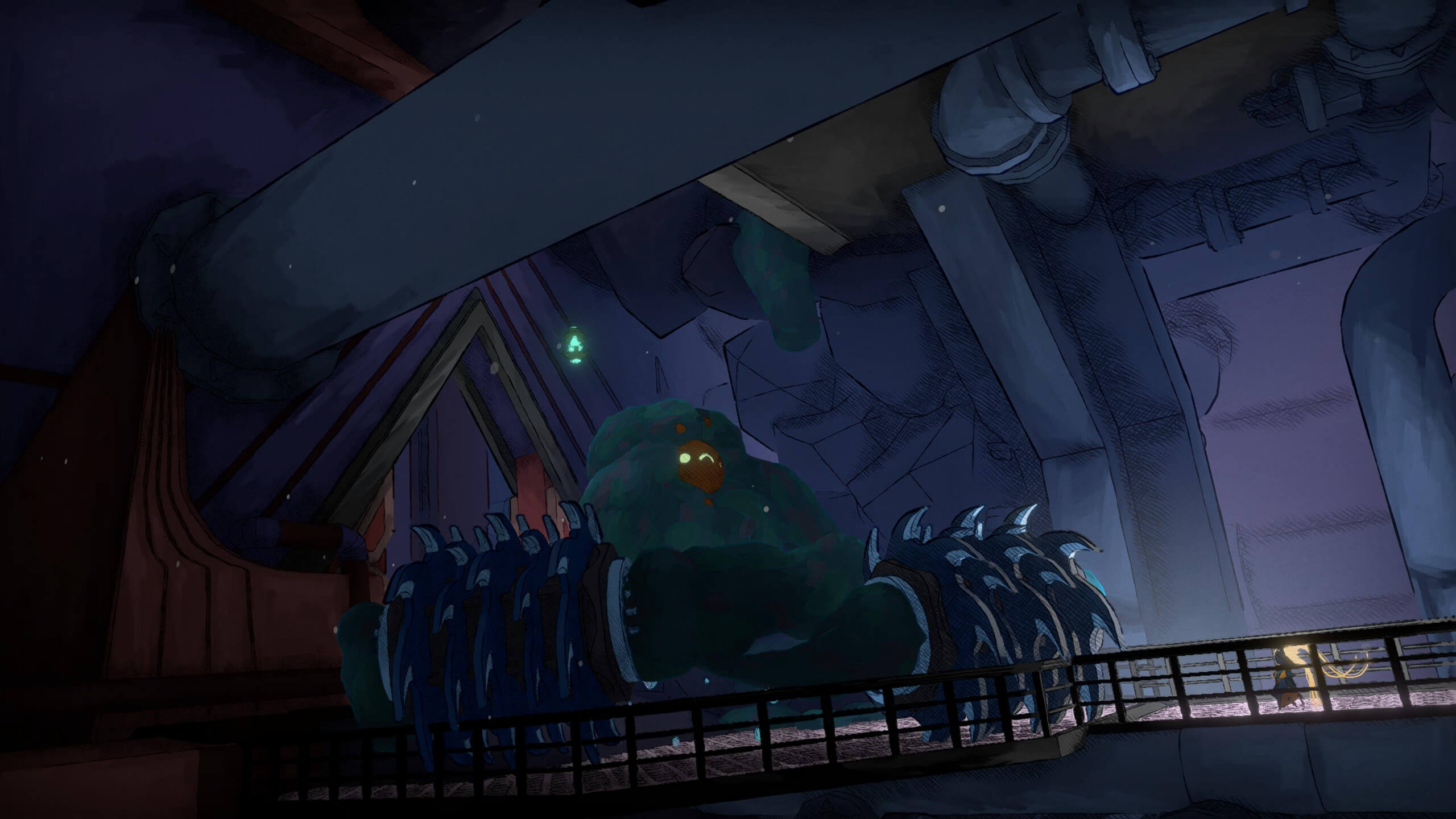 Screenshot from MIO: Memories In Orbit. A massive, blob-like enemy with huge rotating saws at the end of long, floppy arms, confronts Mio.