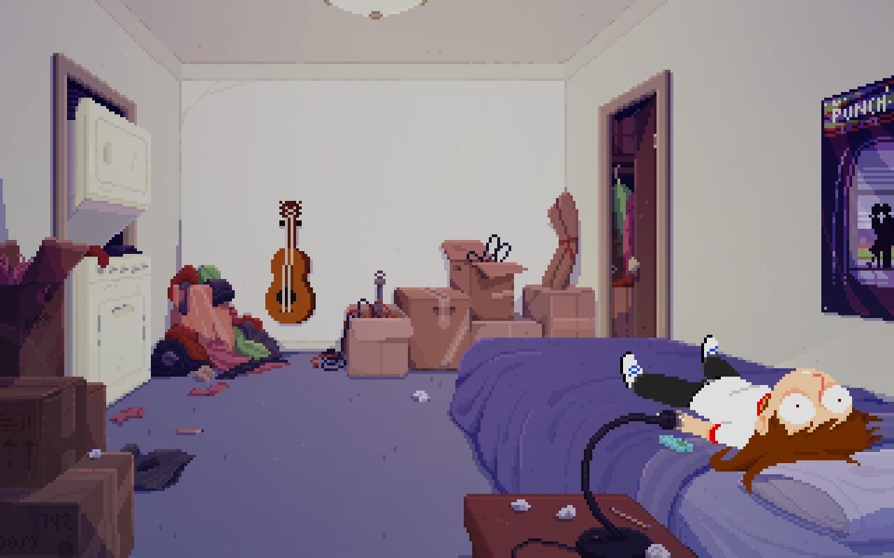 Pixel-art room with clutter, including boxes, a guitar, open closet, and a laundromat in the corner. A person lies on the bed, looking surprised.