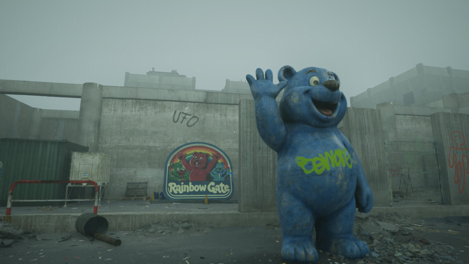 A large concrete building with a rather large blue bear standing in a waving position. Behind it is the sign to the building saying "Rainbow Gate"