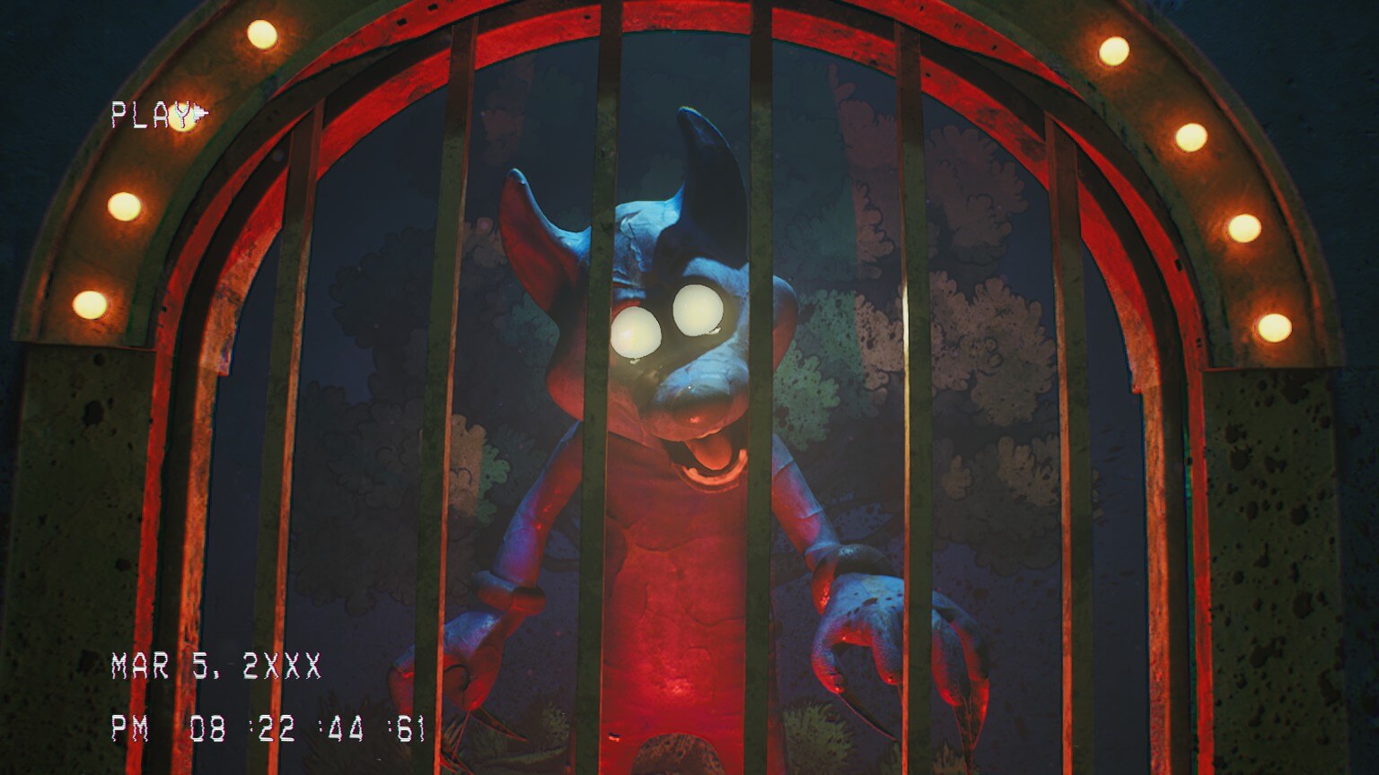 A large animatronic wolf with glowing eyes. The hands seem to have knives attached to them.