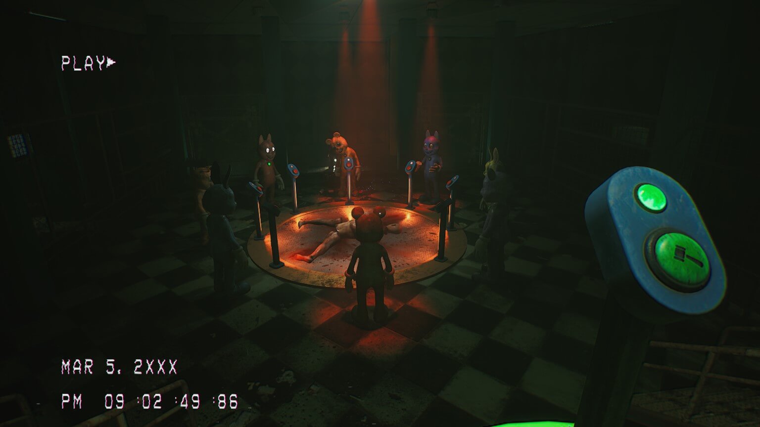 Several animatronics stood in a circle, with a cut up cadaver in the middle. Three of the mascots have a red light beaming down as to highlight them. A bottom to the right of the player is gren with a mallet on it to.
