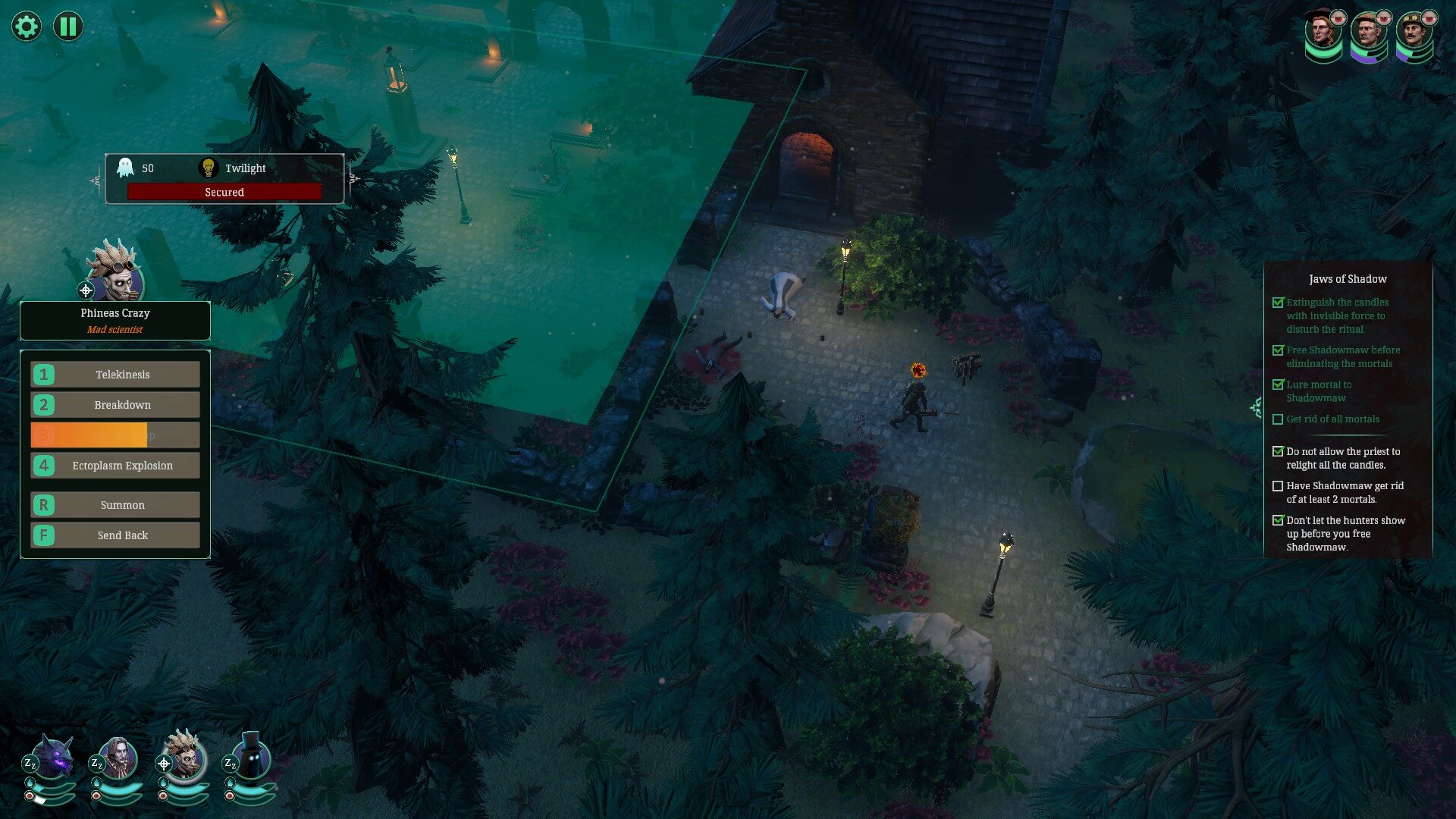 A church graveyard with a small brick shack and large trees. It's nighttime, and there is a person dead on the ground, and another walking around with a gun. The grave area also has a blue overlay.