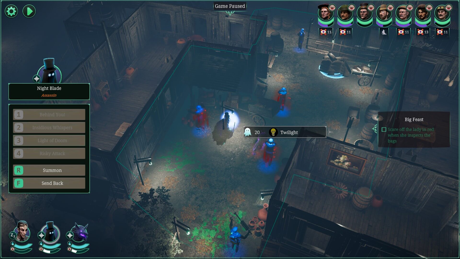 Several characters from a top-down view. Some have red and blue auras to show that are afflicted with something. A bright light is being emitted from an entity. On the left is a list of actions a ghost can perform in game. To the top right is a list of human face with various icons. 
