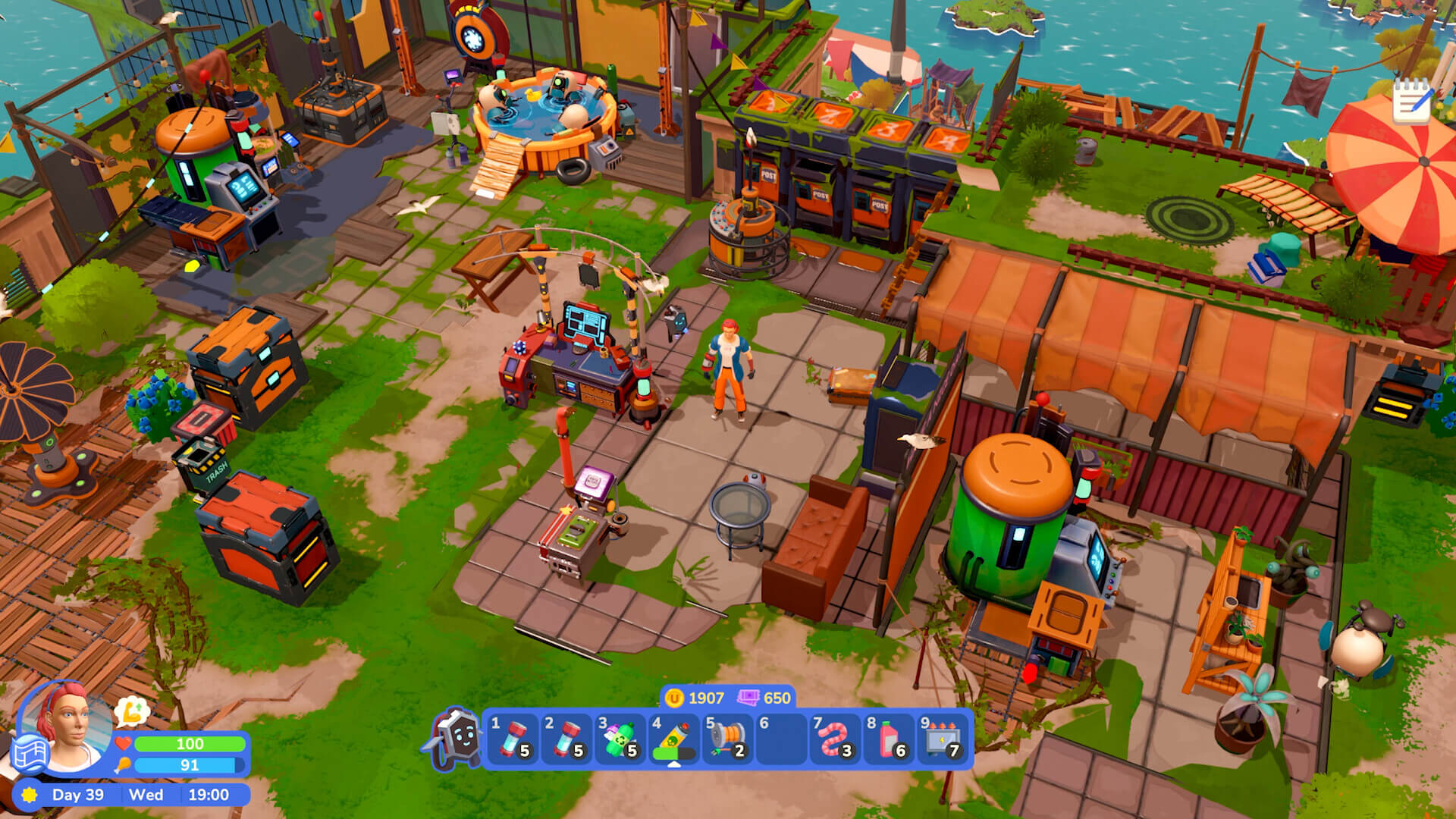Screenshot from I Am Future: Cozy Apocalypse Survival. A wide shot of the player's home base. Several storage chests, electrical machines, and furniture decorate the space.