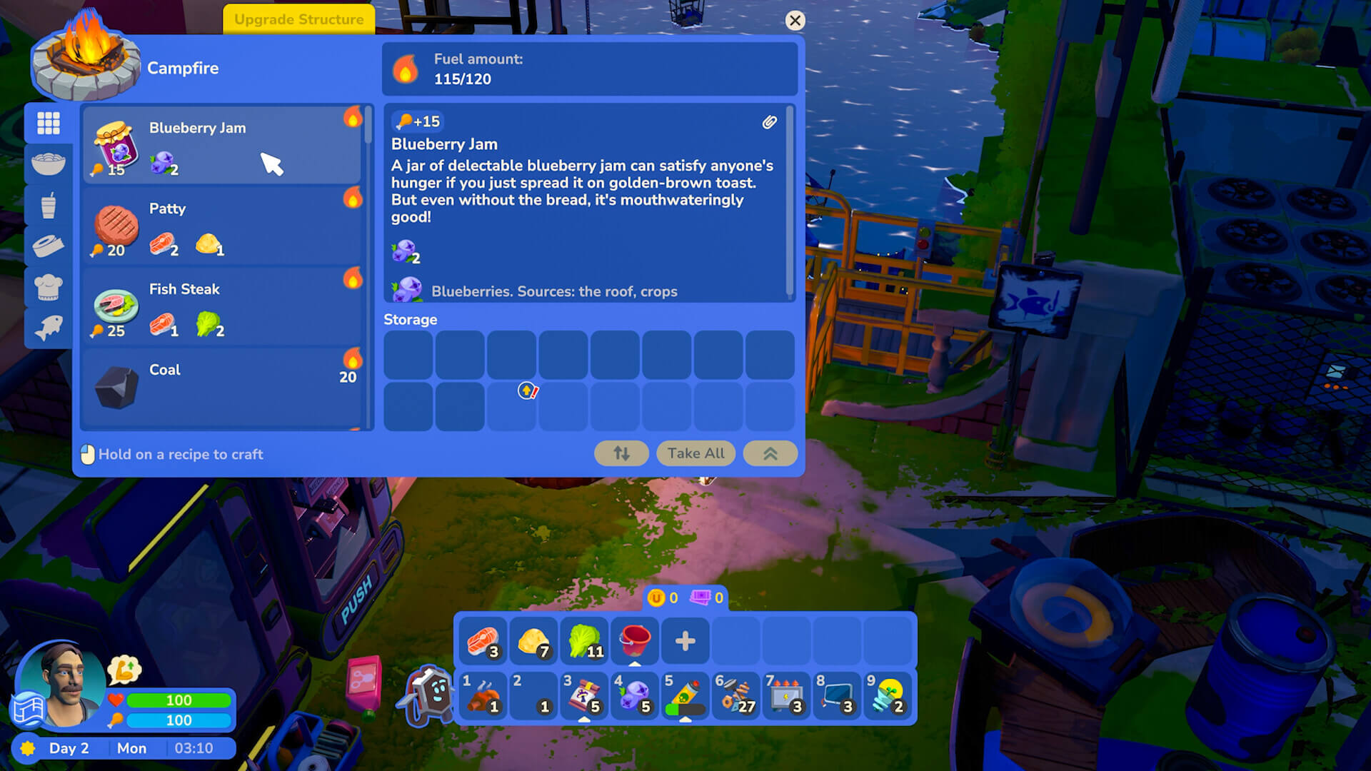 Screenshot from I Am Future: Cozy Apocalypse Survival. A menu overview of the cooking system. The player is currently viewing "blueberry jam".