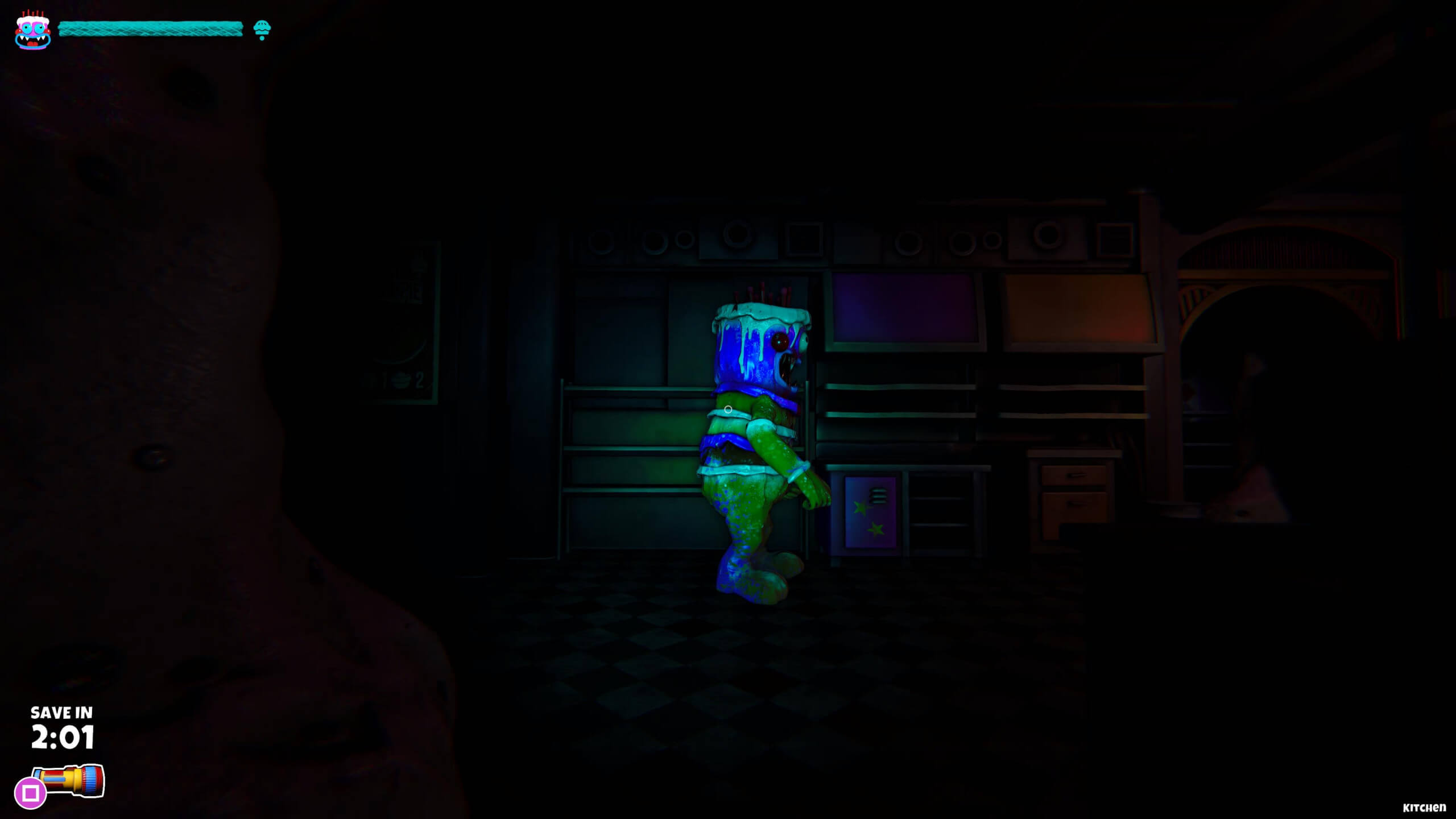 A brightly colored, humanoid animatronic character stands in a dark, eerie room, evoking a sense of tension. Timer and flashlight icons are visible in the corner.