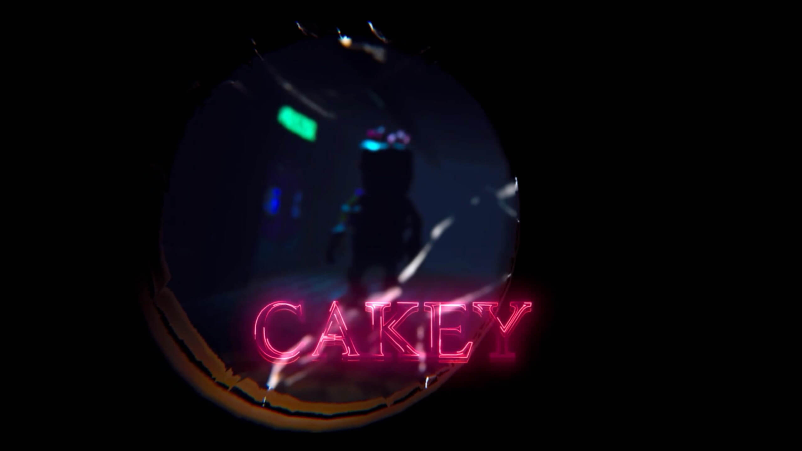 A hazy, dark image shows the silhouette of a character with glowing eyes, wearing a helmet. The word "CAKEY" is brightly illuminated in pink below.