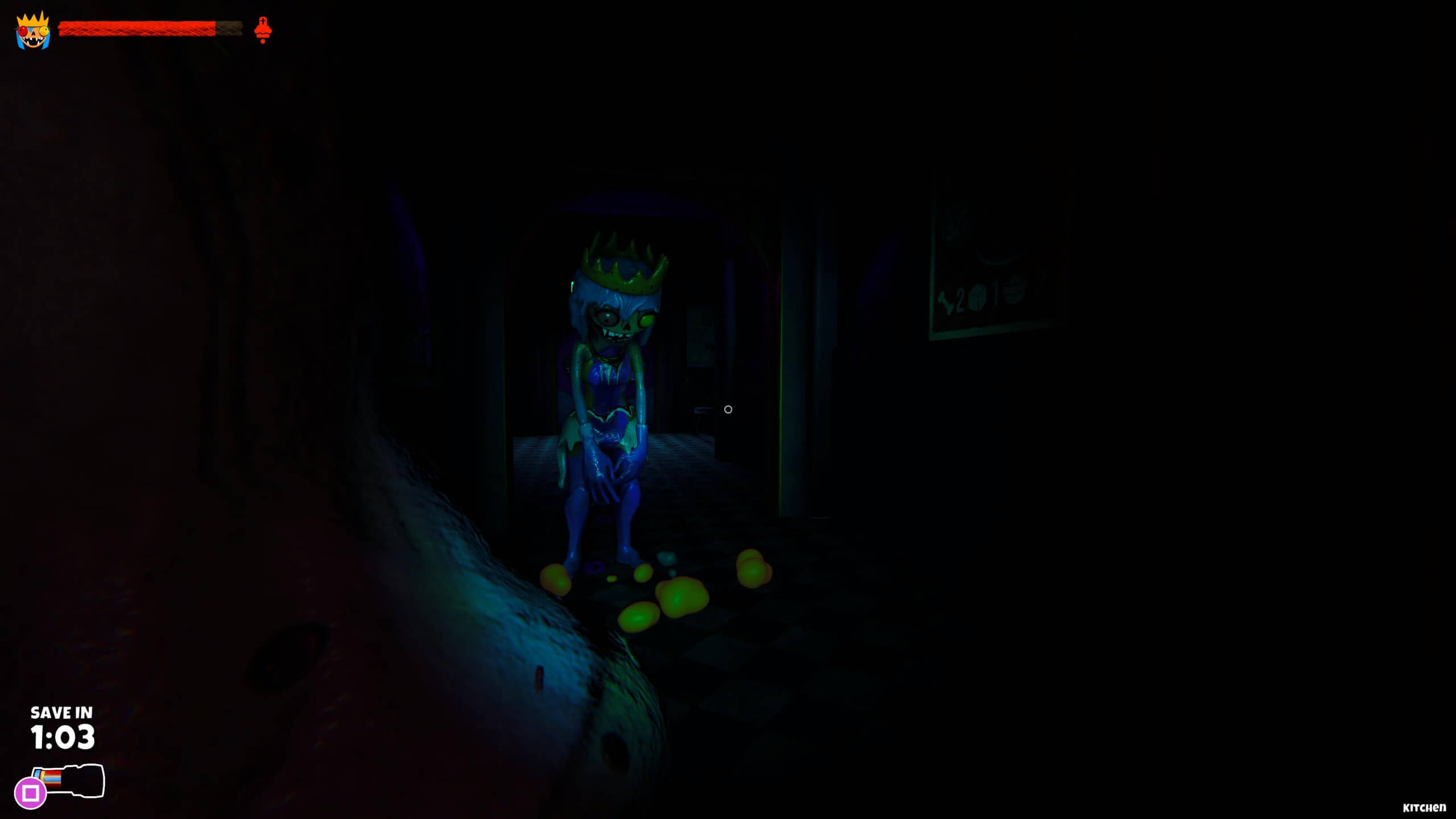 A dark, eerie hallway with a frosted ballerina wearing a crown standing amidst scattered yellow objects, creating a sinister, suspenseful atmosphere.
