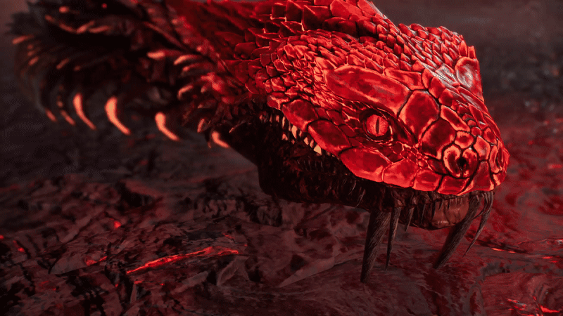 A large red snake retracting back to the main body of a Yokai. Whose face looks like that of an elderly woman, with its mouth slit futher up. 