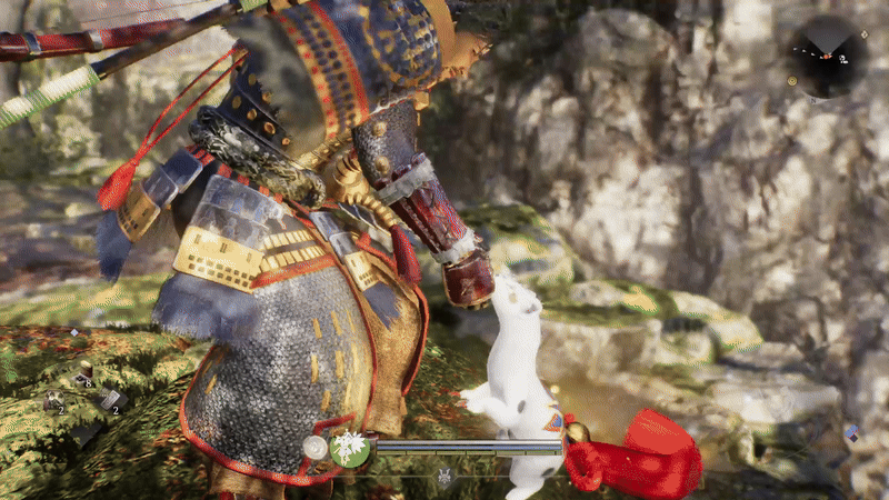 A man clad in armour, lifts a magical white weasel, that stretches upward. Before being petted and jumping away.