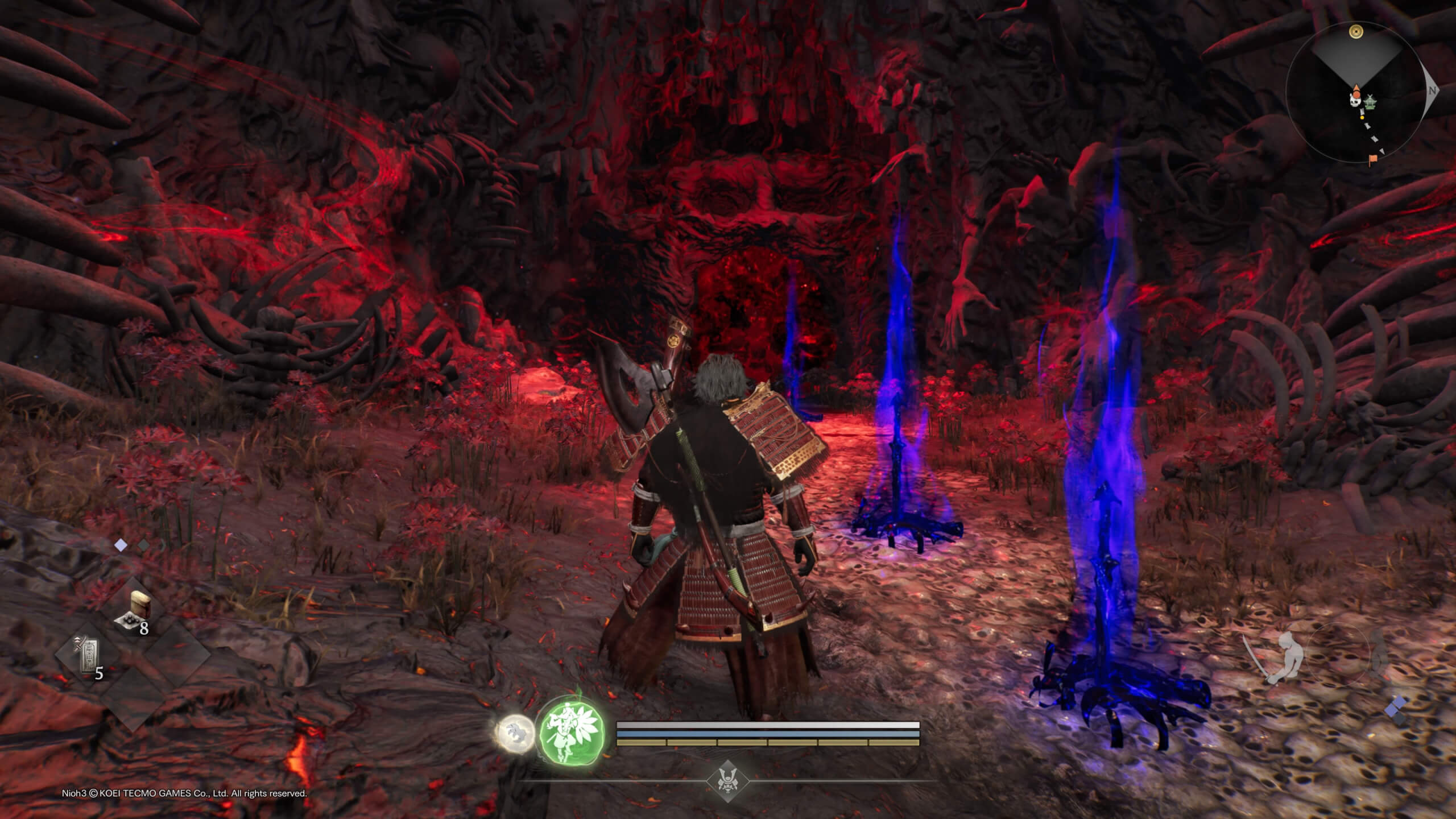 A man wearing Japanese Samurai Armour, looking forward. There are three dark blue beams coming out of the floor, and are leading to a large red gate that has a face.