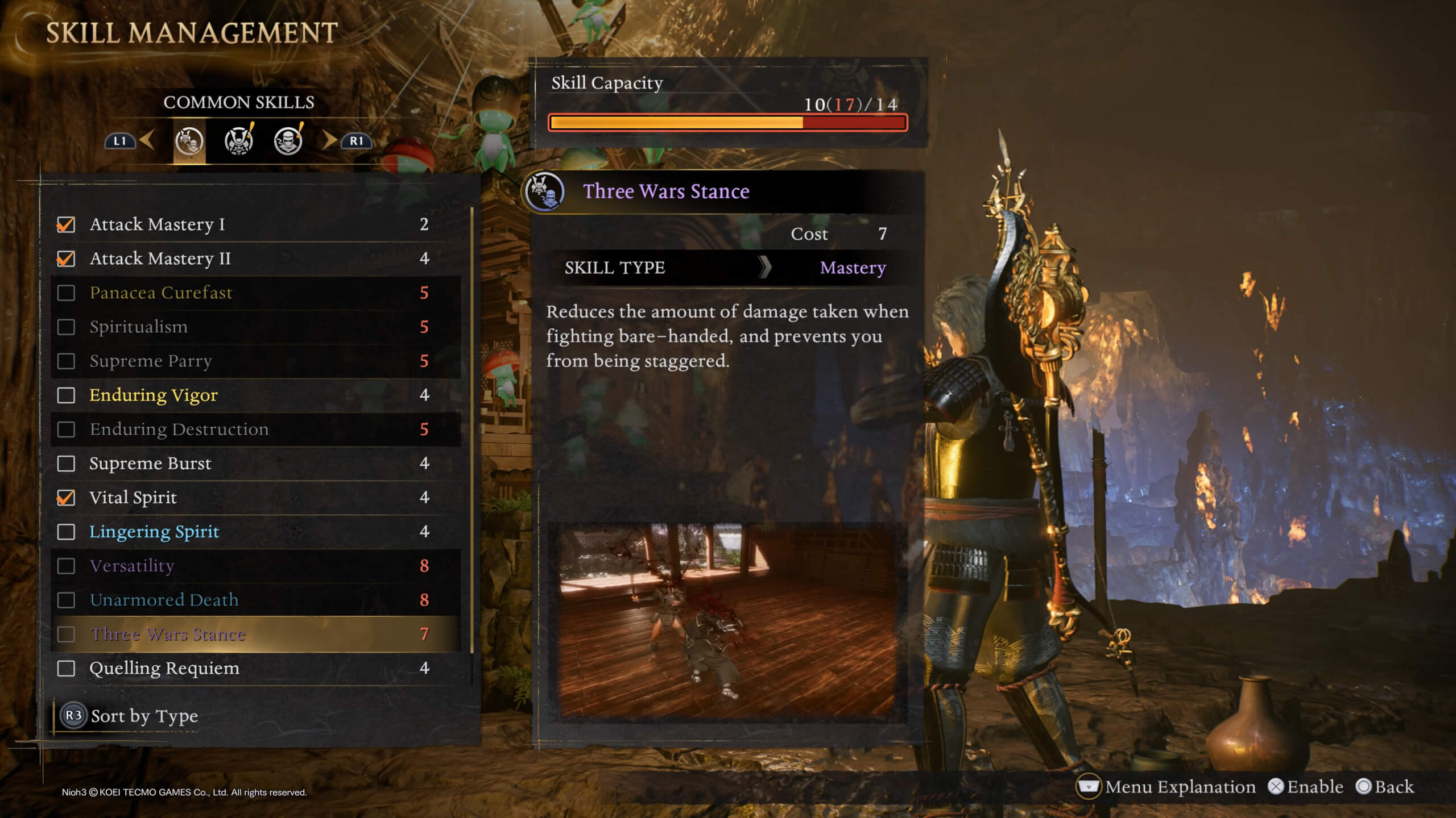 A list of skills the player is able to toggle. The middle displays the current skill and a brief explanation and video. 