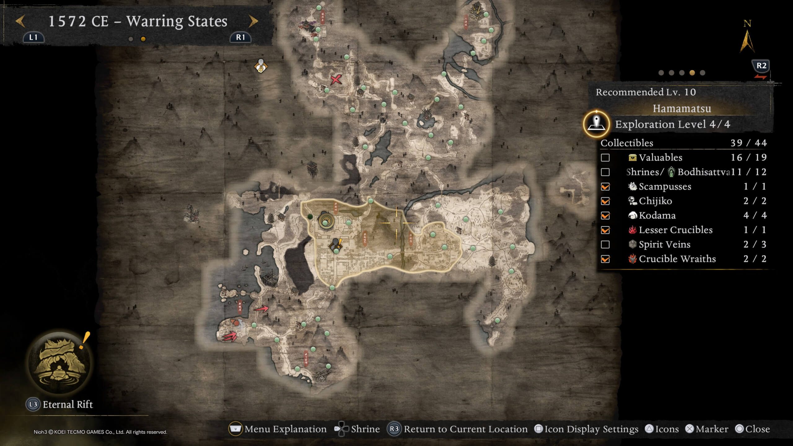 A detailed map with various icons for the player to look at. To the right is the checklist to make sure they haven't missed anything.