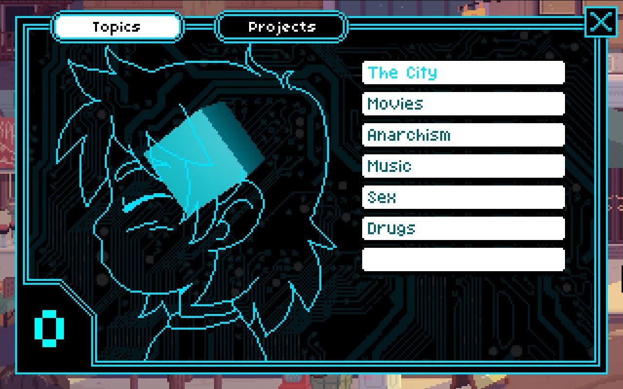 A digital interface displays a profile silhouette with menu tabs for "Topics" and "Projects" and a list of selectable topics including The City, Movies, Anarchism, Music, Sex, and Drugs.