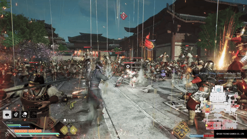 A bow wielding warrior is attacking with various stylish attacks on a warrior officer. They are both surrounded by large groups of soldiers and arrows are seen falling from the sky. 