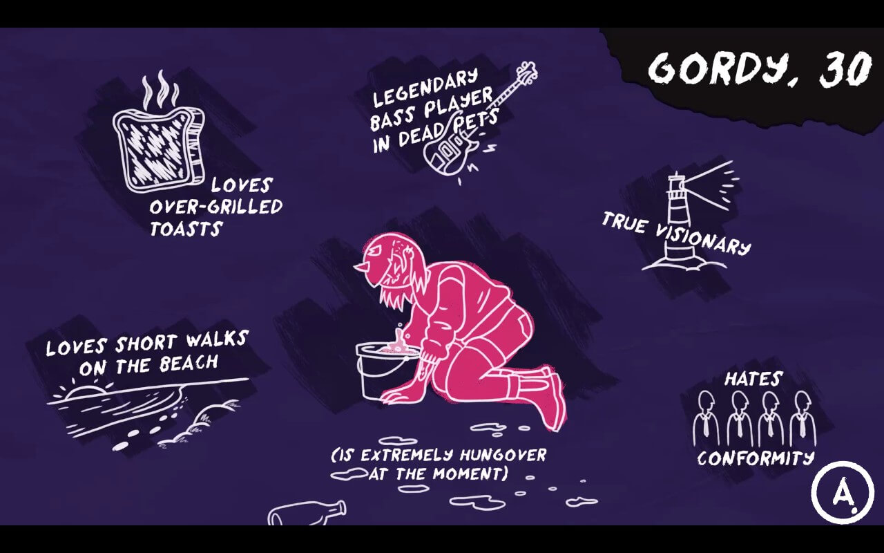 A cartoon illustration of a person named Gordy, labeled as 30 years old, surrounded by humorous captions on a purple background. Center image shows Gordy, who is on hands and knees holding a bucket, captioned "is extremely hungover at the moment." Other captions include "loves over-grilled toasts" with toast graphic, "legendary bass player in Dead Pets" with a guitar, "true visionary" with a lighthouse, "loves short walks on the beach" with footprints, and "hates conformity" with stick figures. Each caption is paired with simple line drawings