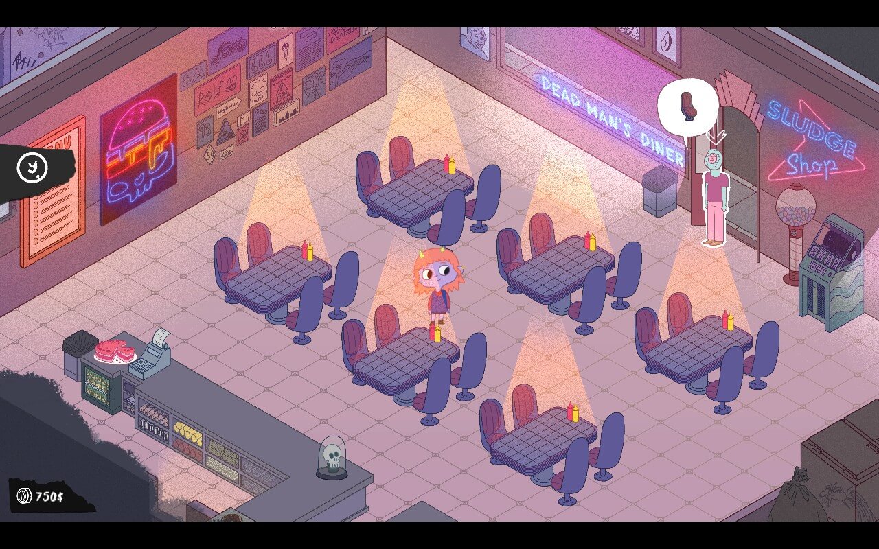Illustrated diner scene with a neon sign, tables, and a cartoon character with pink hair.