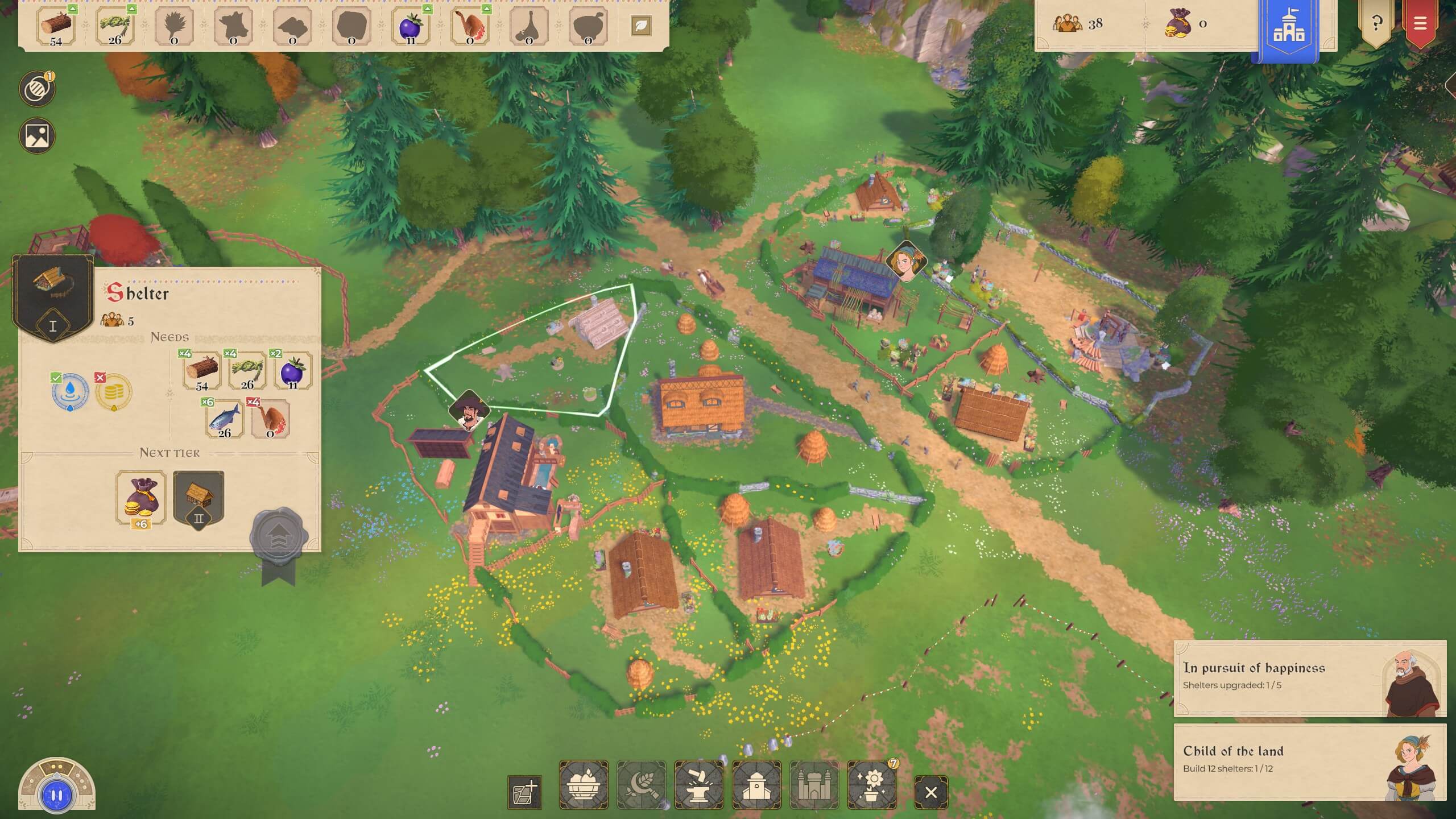 two little districts are next to each other. A shelter is selected, it lists what items are needed to upgrade it to its next tier.