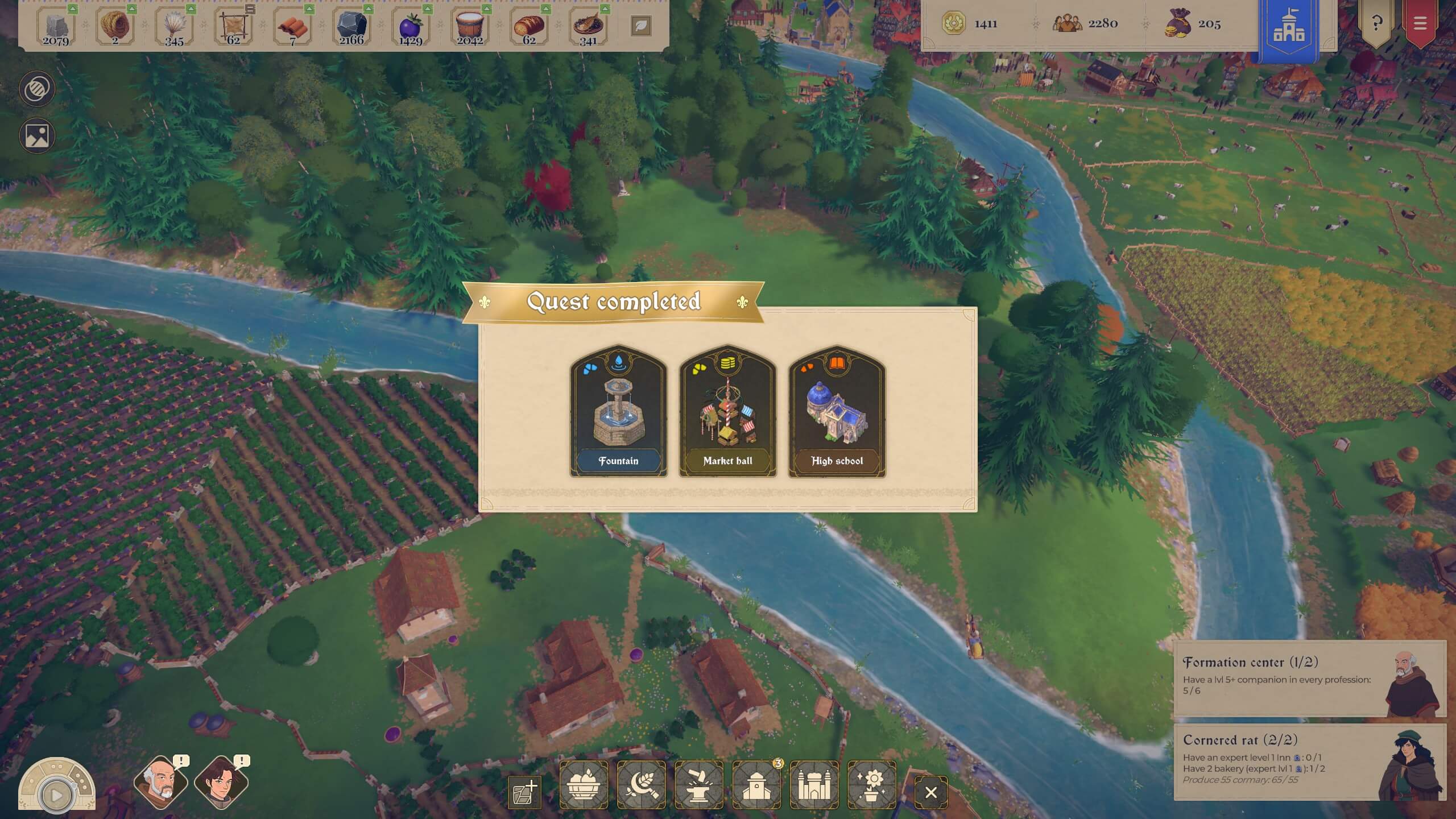Game UI. A quest has been completed. A notification window in the middle of the screen displays several rewards for completing the quest.