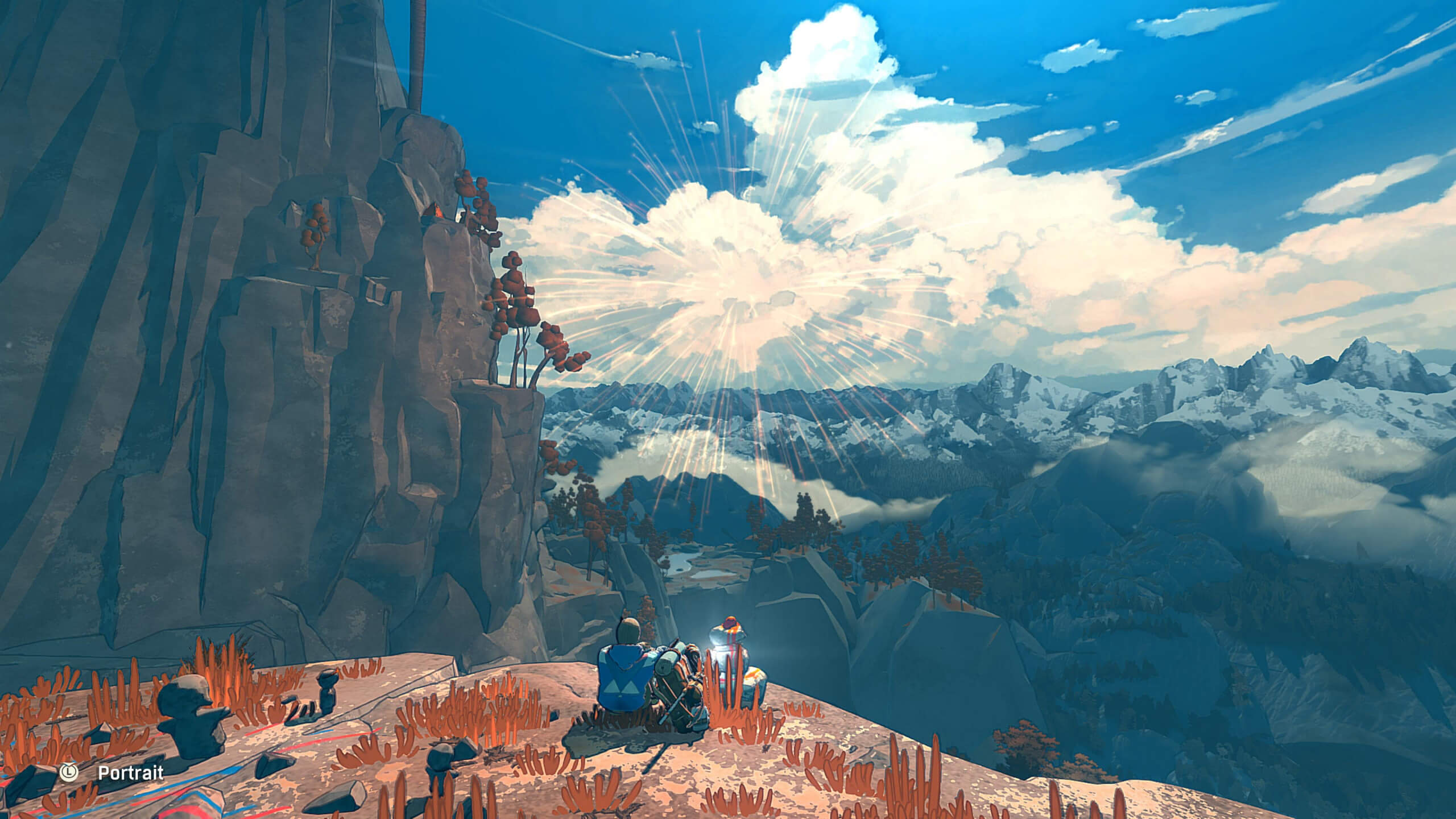 Screenshot from Cairn. Aava sits on a cliff looking out to the distance as some fireworks explode in the day time sky.