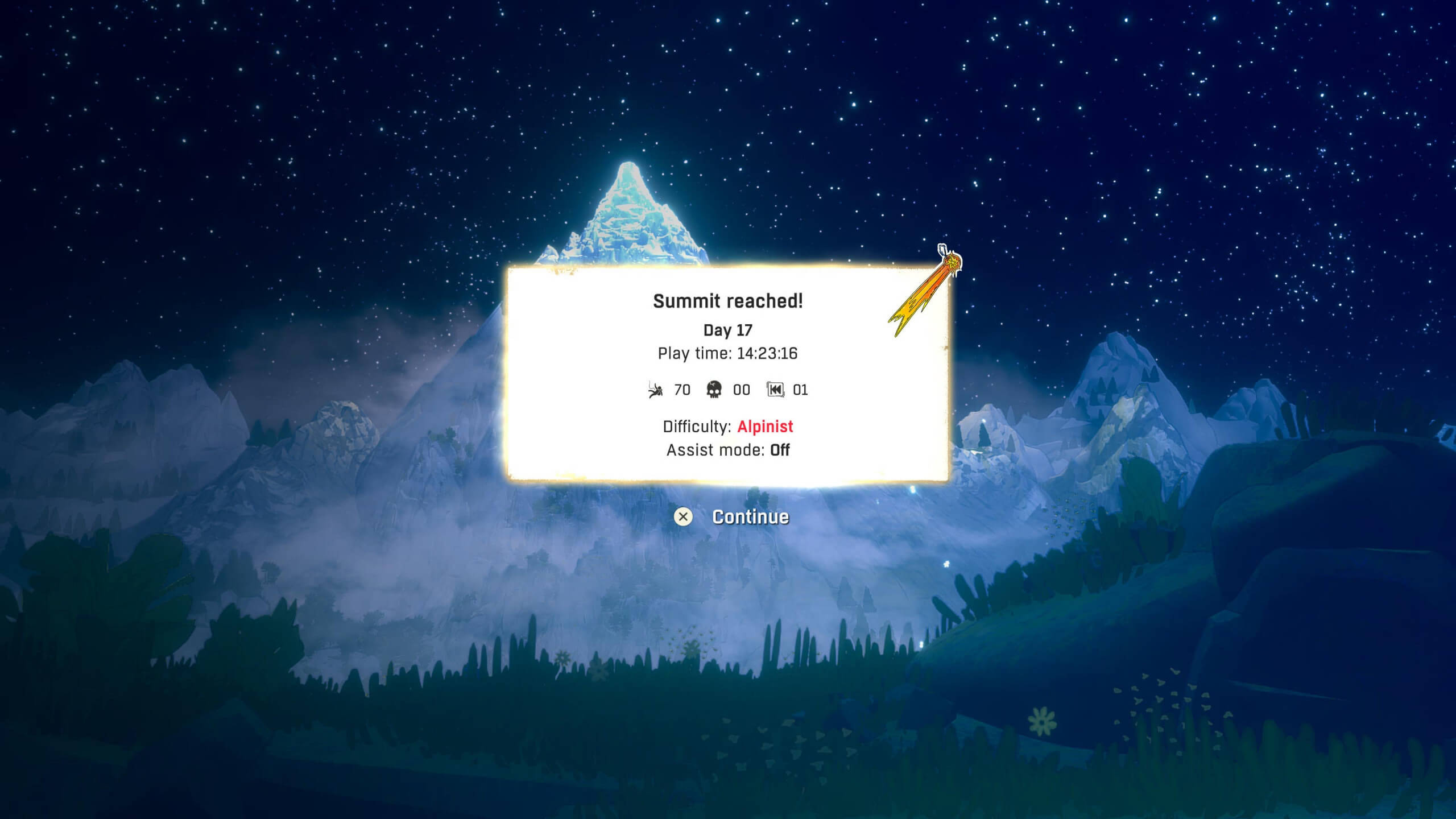 Screenshot from Cairn. End of game summary. 17 in-game days to complete the climb. 14 hours, 23 minutes and 16 seconds play time. 70 falls, no deaths, 1 rewind. Difficulty: Alpinist. Assist mode off.