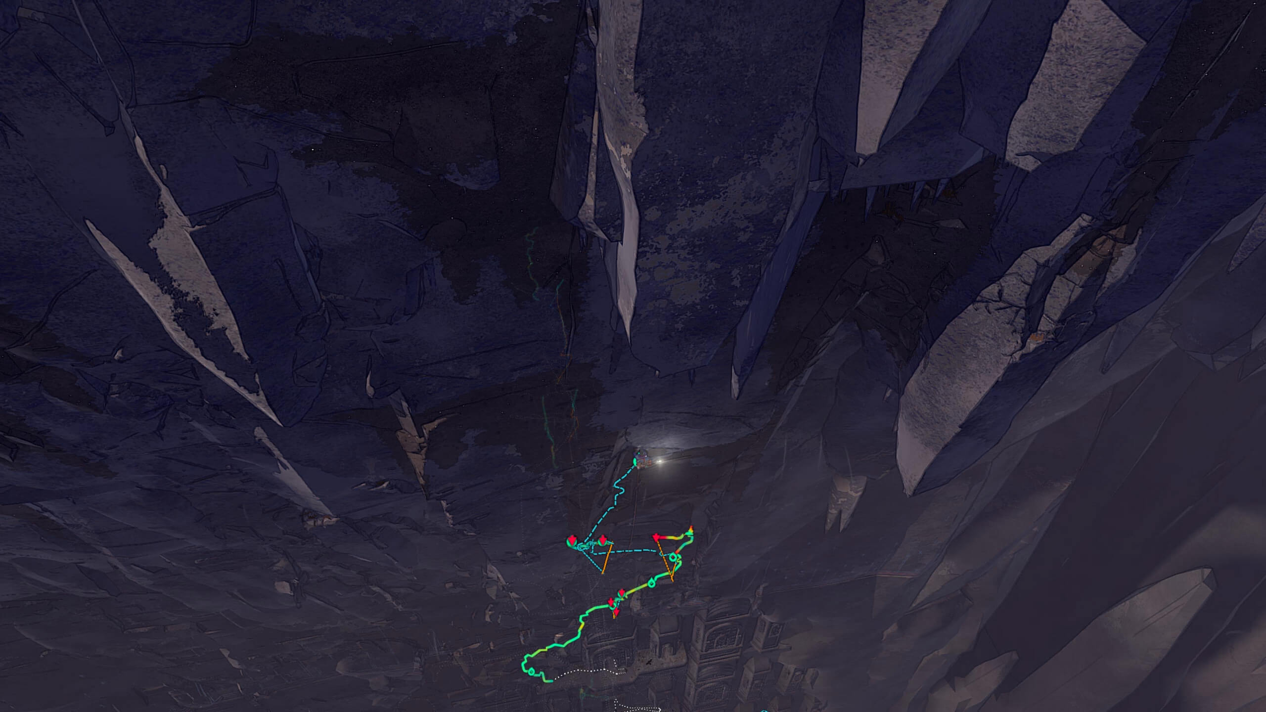 Screenshot from Cairn. Aava clings to a wall. The camera displays a lot of wall ahead of her, and a highlighted route behind her showing where she's fallen and where she started this particular climb.