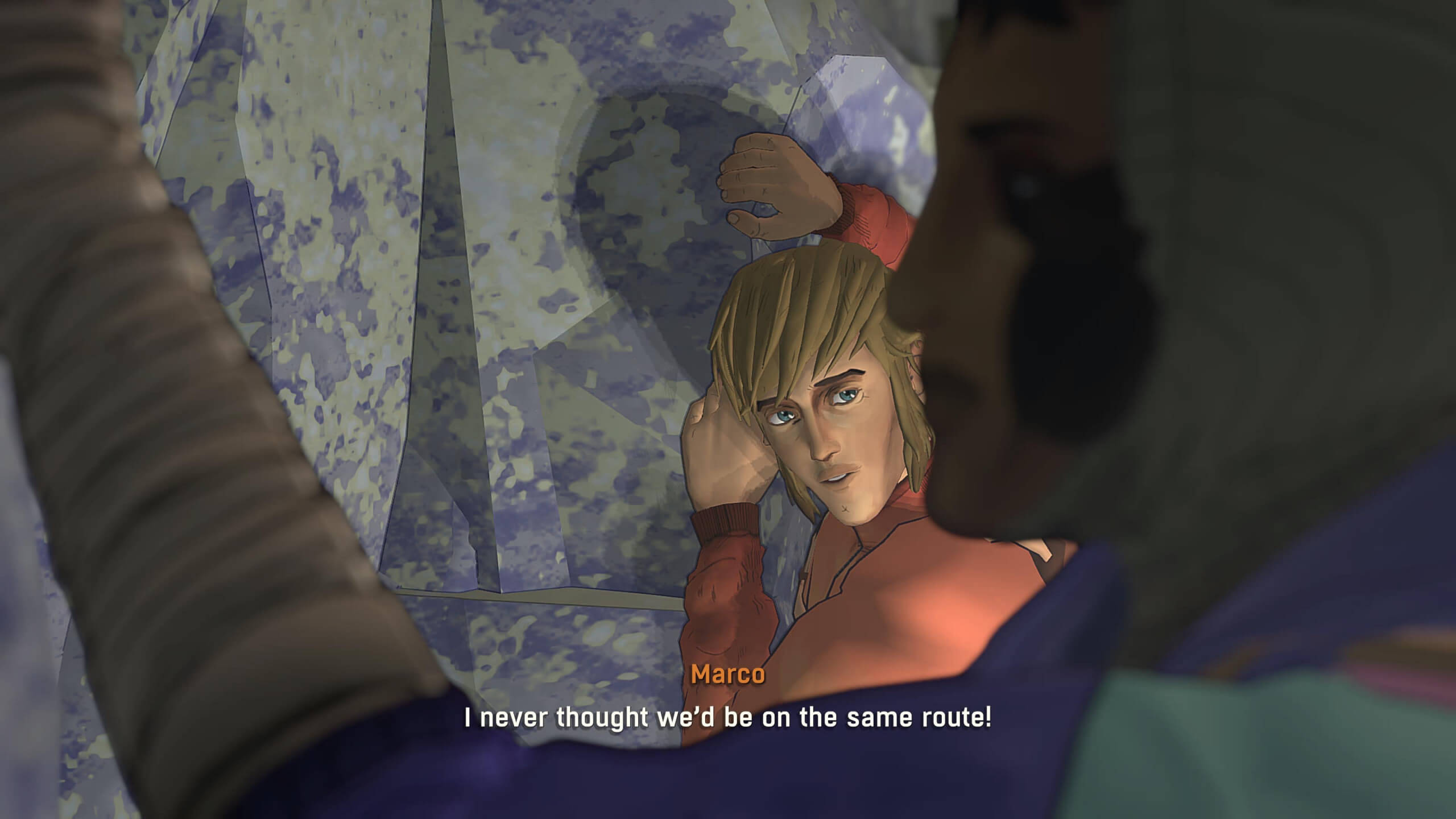 Screenshot from Cairn. Aava and Marco mid-climb. Marco looks at Aava and says, "I never thought we'd be on the same route!"