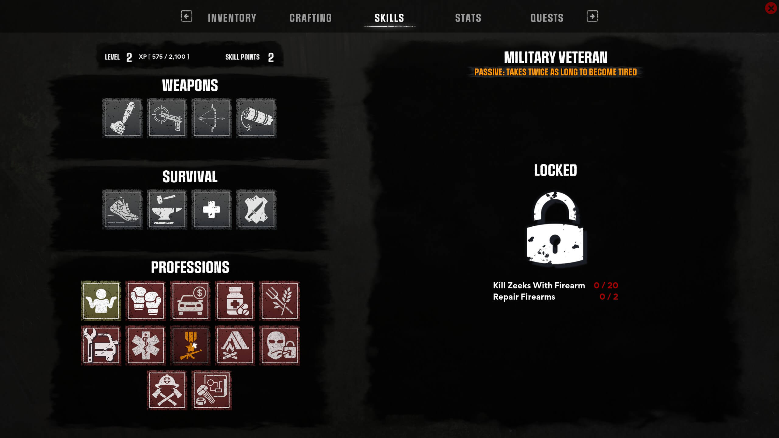 Game interface showing skills menu with sections for Weapons, Survival, and Professions. Displays Military Veteran skill, locked tasks, and progress.