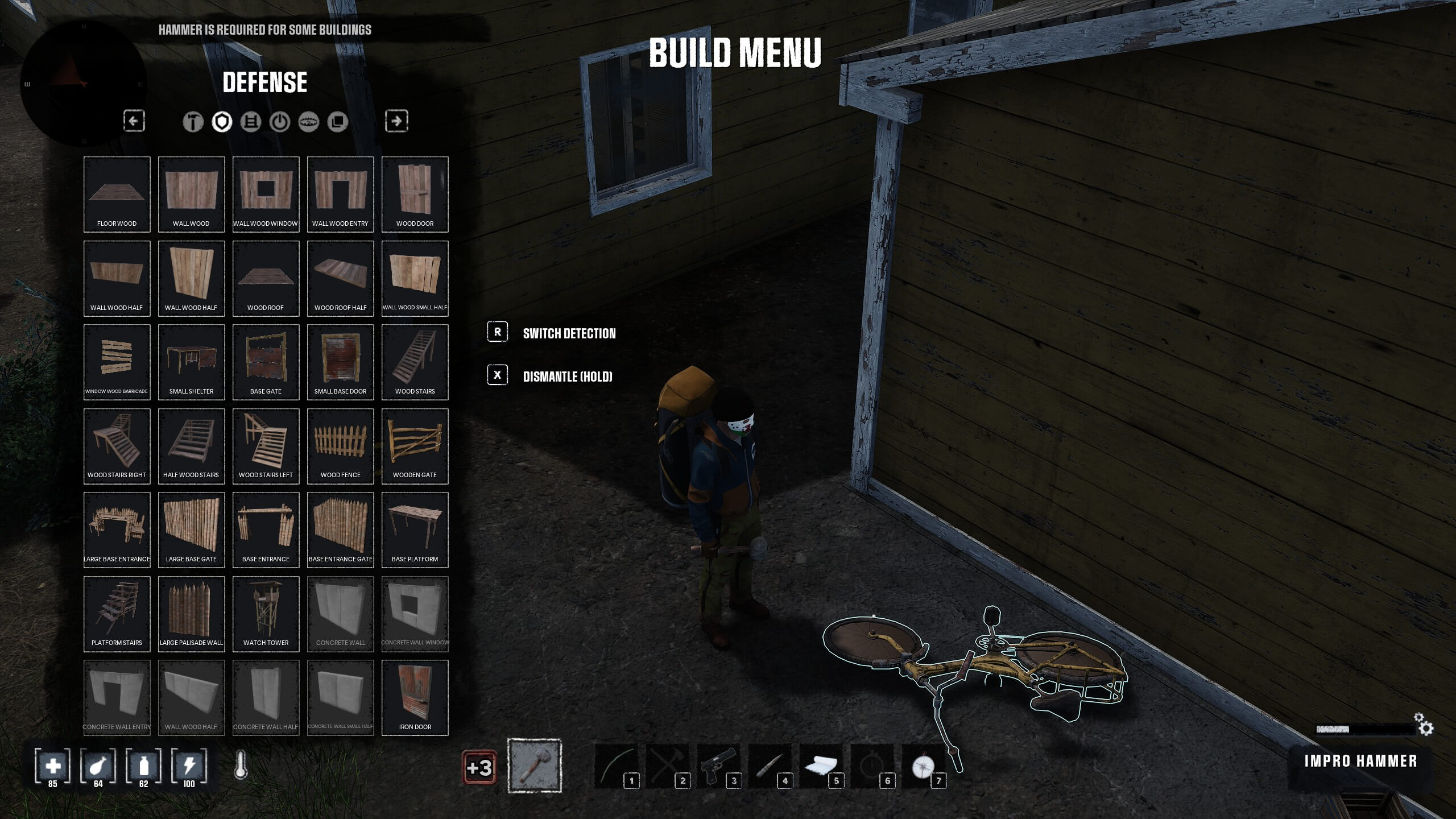 A character stands beside a building, viewing the build menu for defense items, featuring various wooden structures and tools.