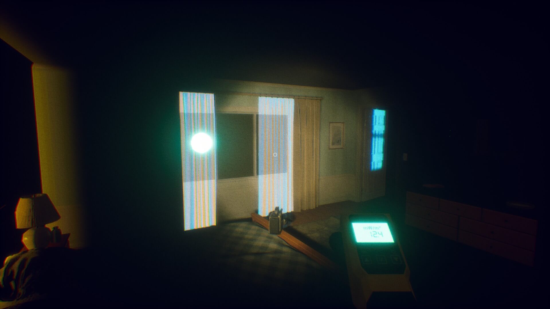 A blue glowing orb is floating just outside the bedroom window. The light peers through the curtains and side window to the right as well.