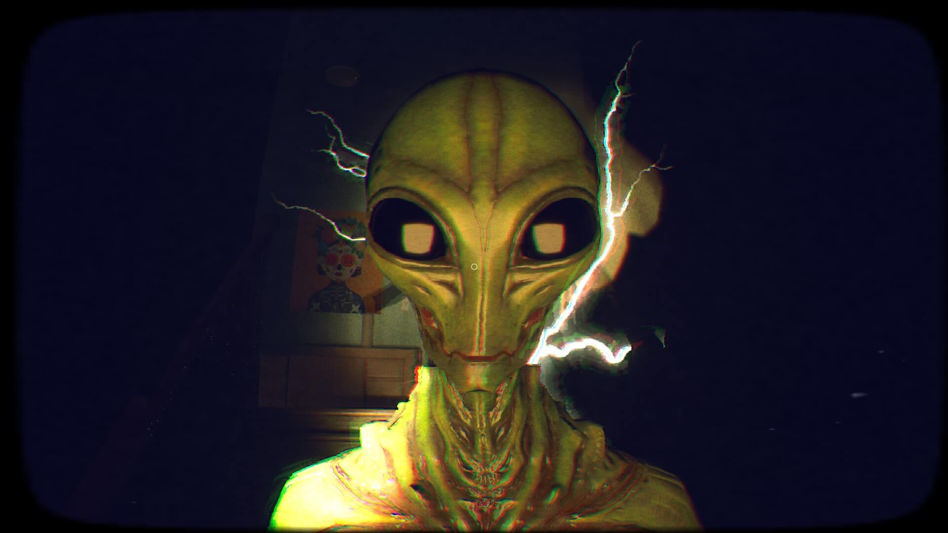 An alien staring at the player, it has no lips and two large black eyes. Some electrical sparks are seen behind it.
