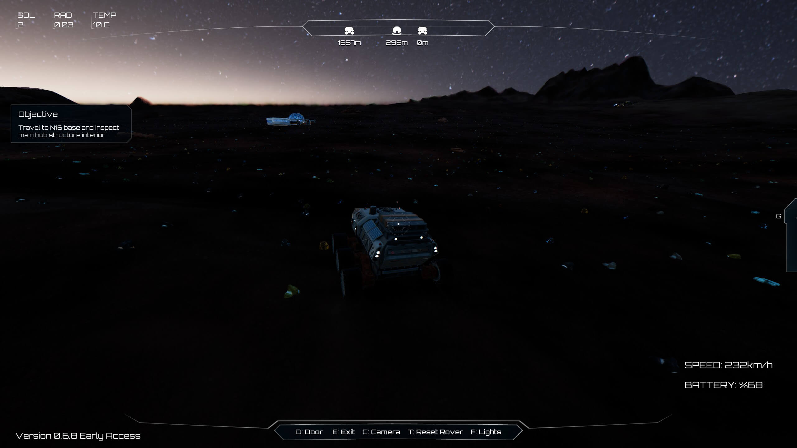 A rover navigates a dark, rocky landscape under a starry sky. The objective is to inspect a base structure ahead.