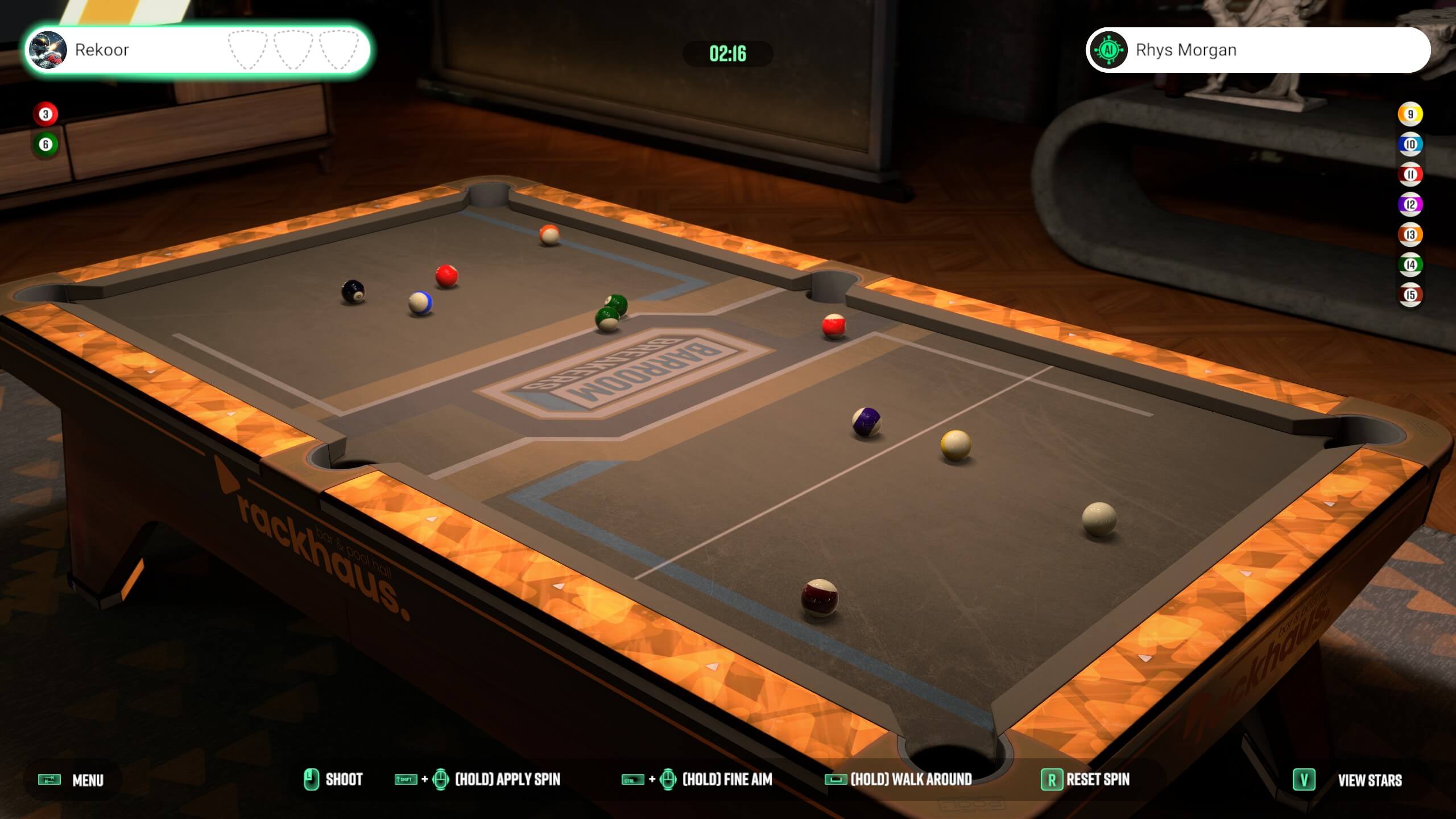 A digital pool table scene with various colored balls, timer showing 2:16, and player names displayed above the table.