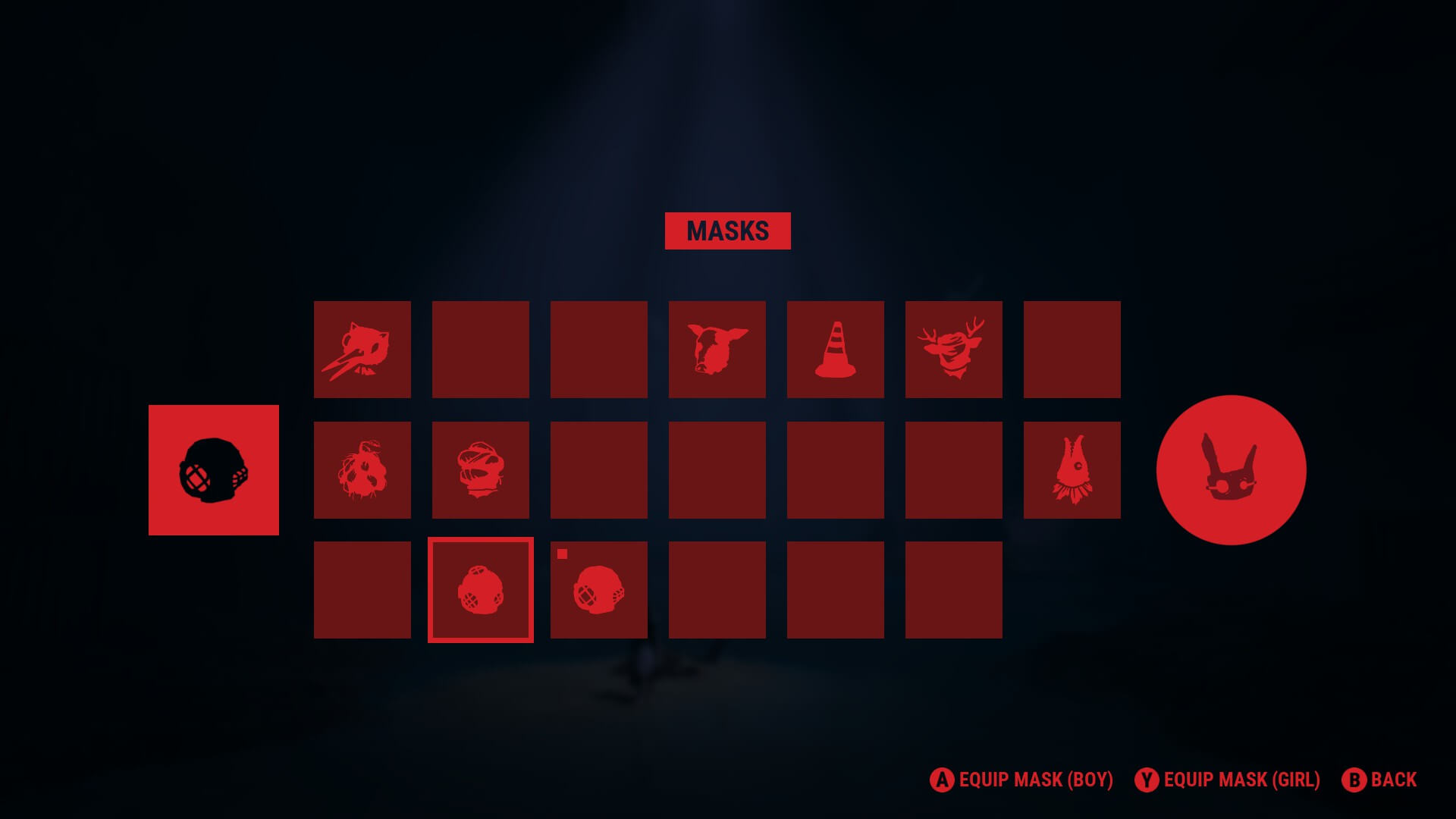 A small red grid with different masks for the player to switch from. Two slots are show what is currently equipped. 