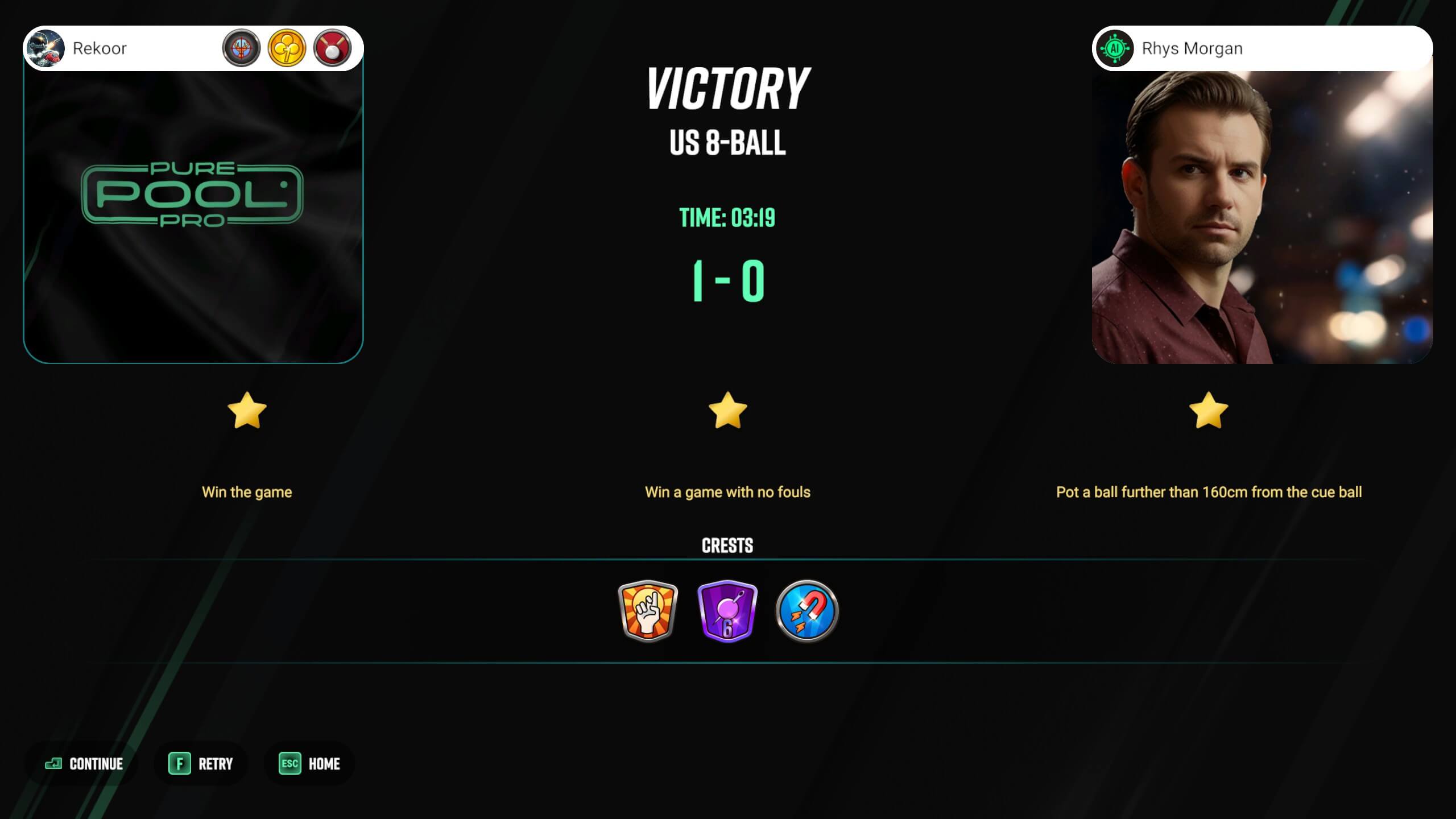 Victory screen for an online game of US 8-Ball, showing scores, time elapsed, and achievements unlocked.