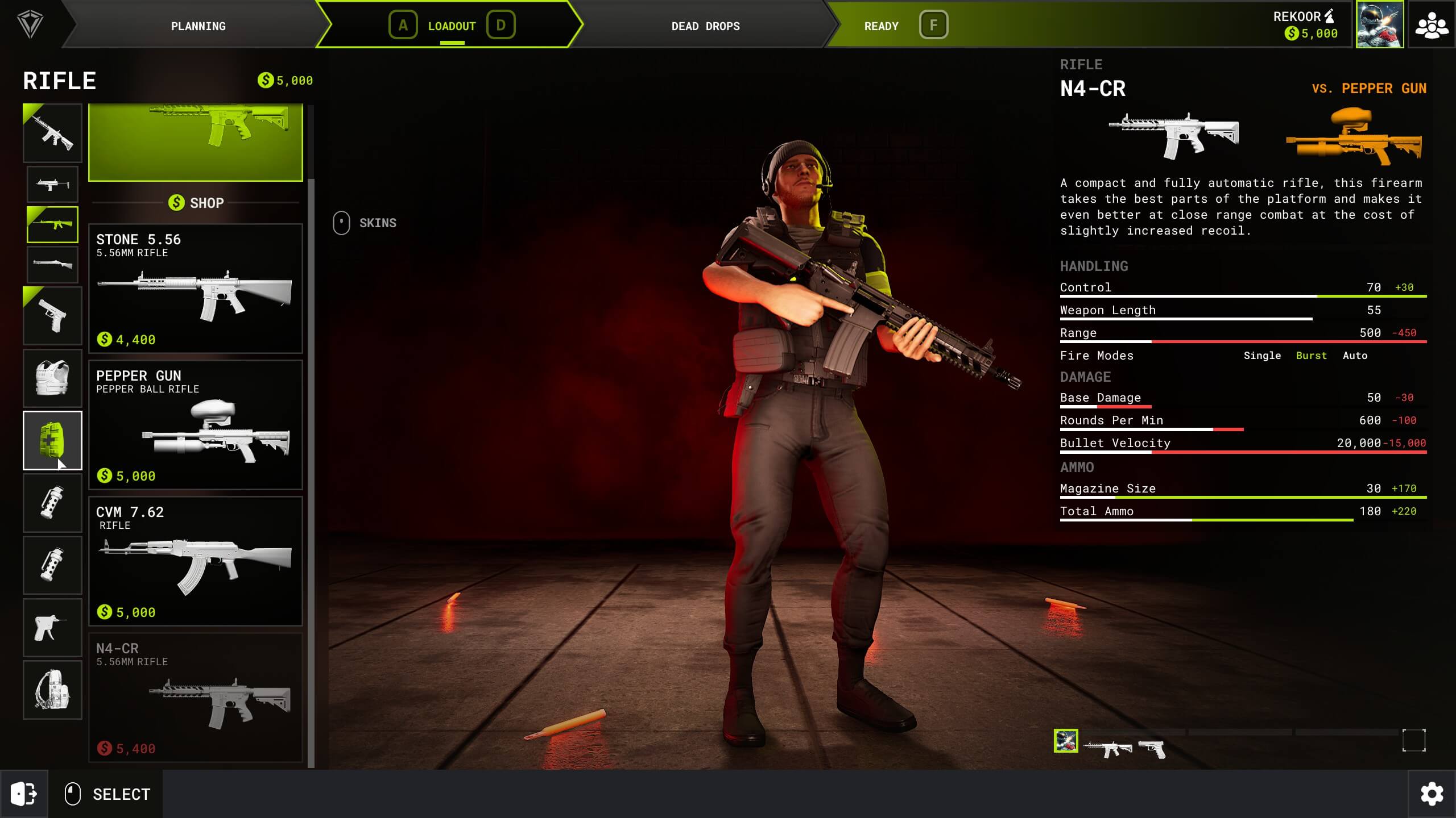 A virtual character in tactical gear holds an N4-CR rifle, with weapon stats displayed on the screen, set against a dark red background.
