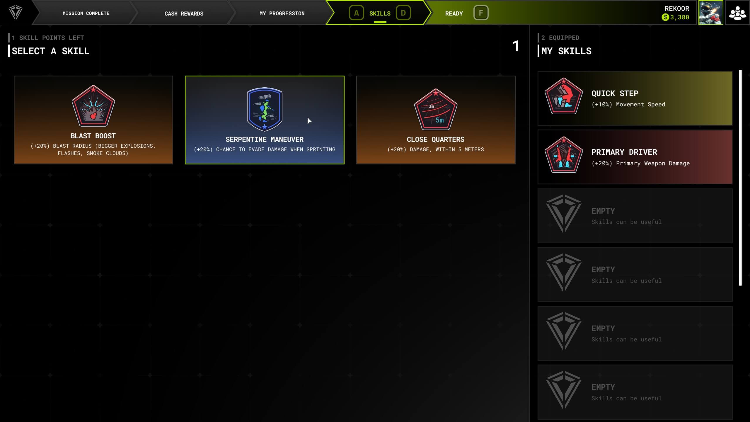 Skill selection screen displaying options: Blast Boost, Serpentine Maneuver, Close Quarters, with current skills shown on the right.
