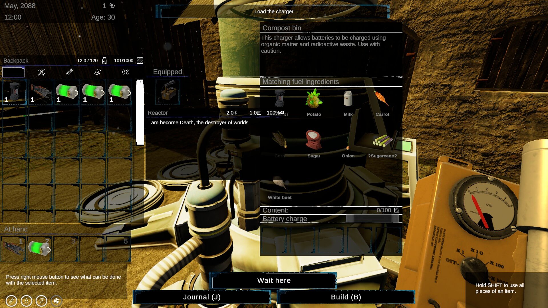 A menu screen for the player, when using the charger. On the left are the players inventory, and right is what is usable for fuel.