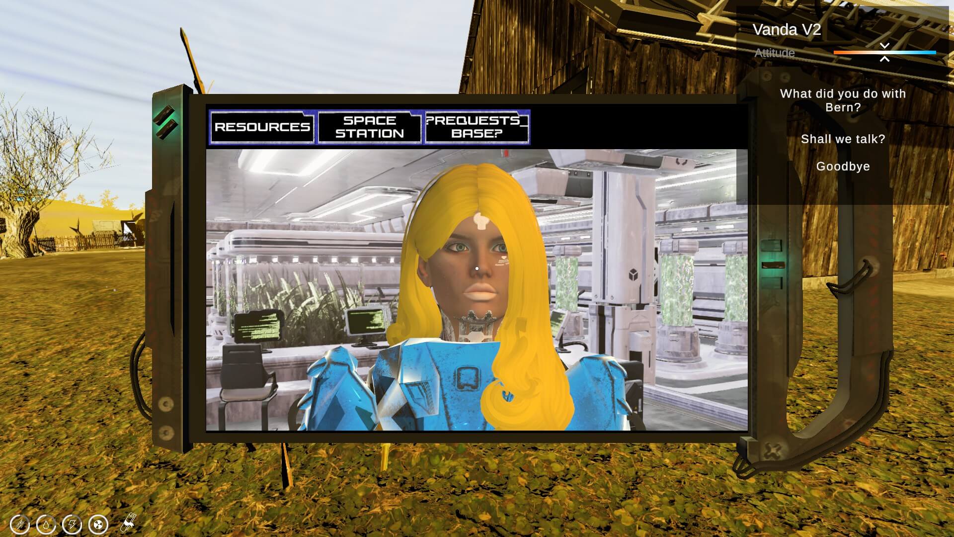 A woman with blonde hair and blank expression is speaking through a tablet that the player is holding. 