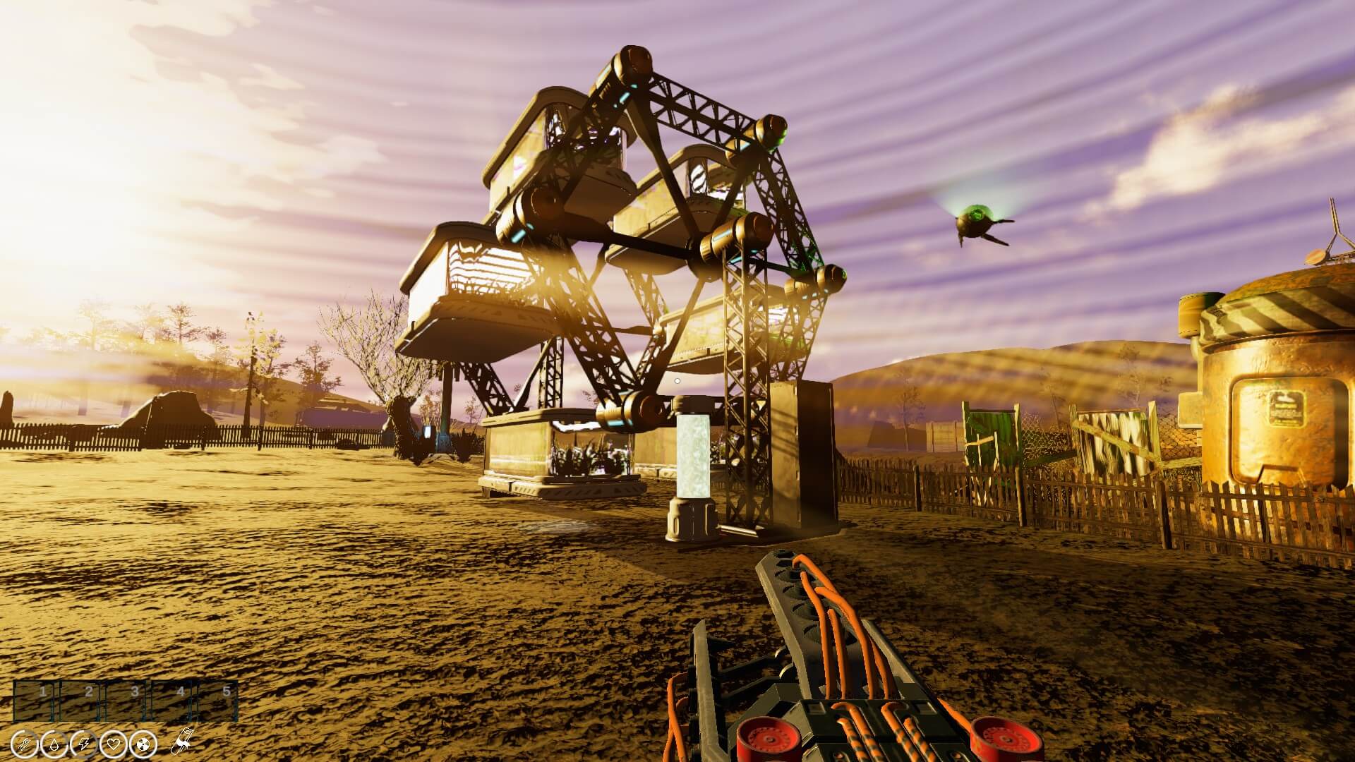 A large wheel that house multiple green house pods. A drone is seen flying on the right.