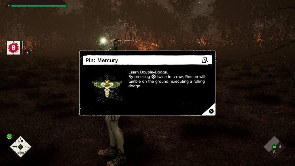 In a dimly lit forest, a character learns the "Double-Dodge" skill, featuring a tutorial overlay with a Mercury pin design.