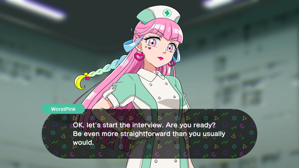 A pink-haired anime character in a nurse outfit prepares for an interview, conveying a cheerful and inviting demeanor.
