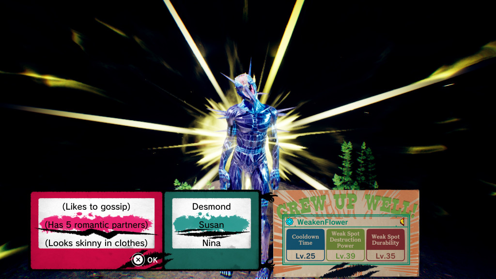 A glowing, skeletal creature stands in a dark forest, with text displaying stats and details about characters and abilities on the sides.