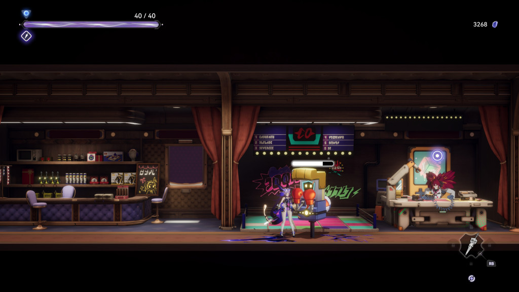 A vibrant game scene featuring a futuristic bar, a character interacting with a device, and a colorful backdrop with graffiti.