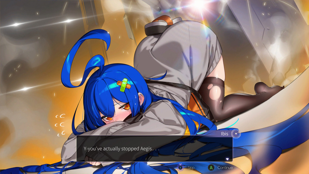 A character with long blue hair and a playful expression rests on her stomach, surrounded by a glowing, dynamic background.