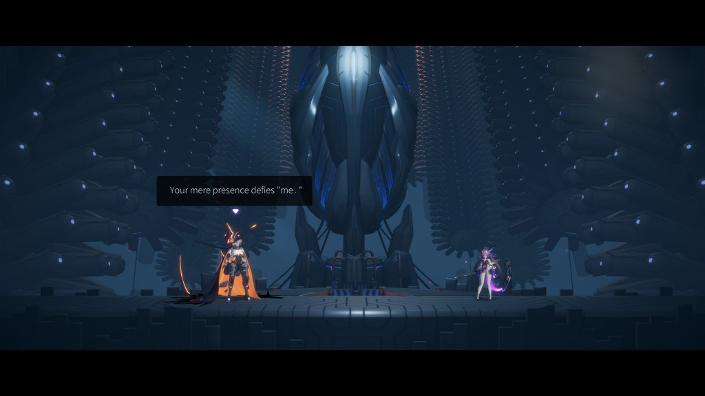 Two futuristic characters face each other in a high-tech environment, with one declaring, "Your mere presence defies 'me.'"